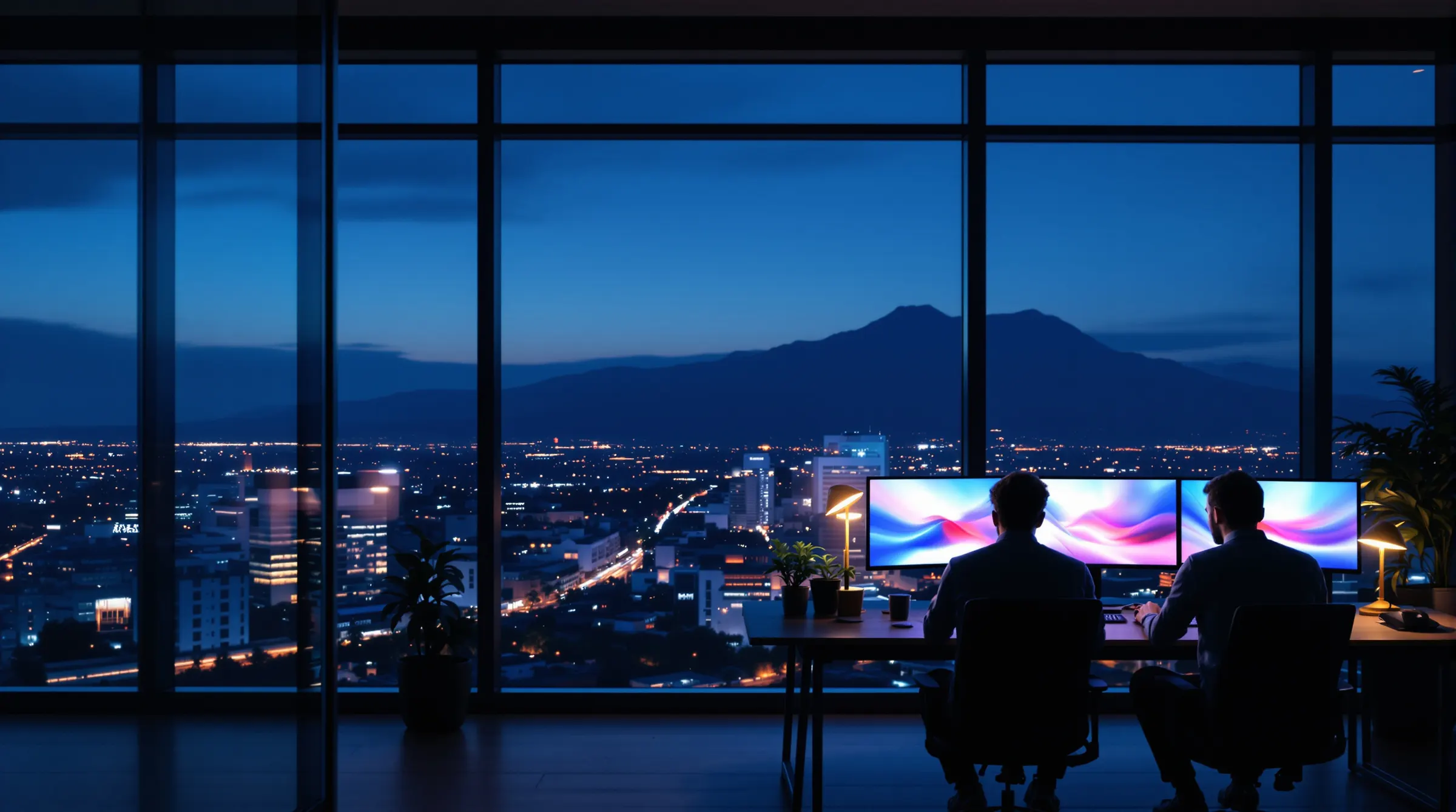 Two developers at their desks in a studio at dusk, with the city lights and a mountain silhouette through tall windows